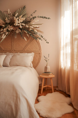 Luxury bedroom interior design with wicker bed and flowers.の写真素材