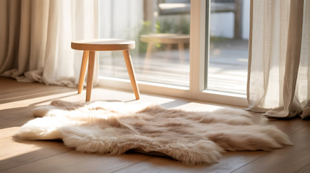 Wooden stool and white fur on the floor in the living roomの写真素材