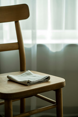 Close up of a wooden chair with a white napkin on it.の写真素材