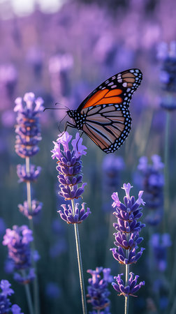 Beautiful monarch butterfly on lavender flowers in Provence, Franceの写真素材
