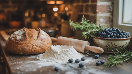 Baking bread with blueberries and rosemary on the kitchen tableの写真素材