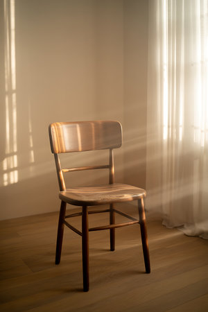 Wooden chair in a room with sunlight shining through the window.の写真素材