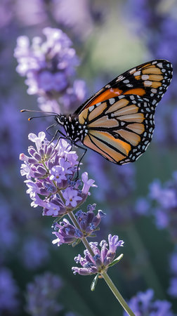 Monarch butterfly on lavender flowers in summer, close-upの写真素材