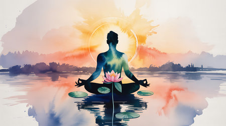 Silhouette of woman meditating in lotus pose on waterの写真素材