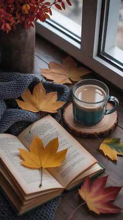 Cup of coffee, book and autumn leaves on wooden windowsillの写真素材