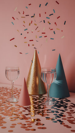 Party decoration with confetti and champagne glasses on pink background, 3d renderの写真素材