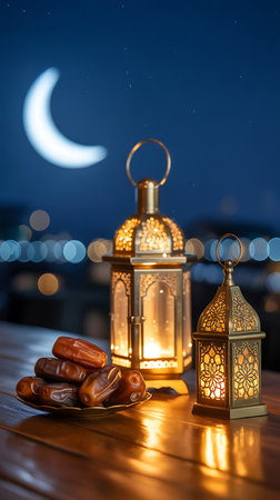 Ramadan Kareem greeting card. Ramadan Kareem lanterns and dates on the table.の写真素材