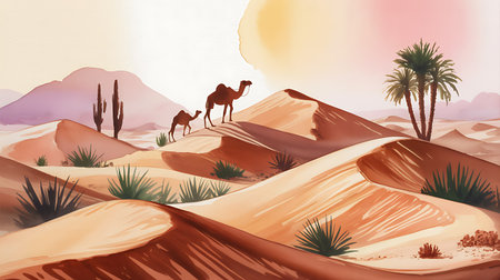 Desert landscape with camels and palm trees. Vector illustration.の写真素材