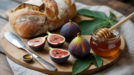 Fresh figs, honey and bread on a wooden table. Selective focusの写真素材