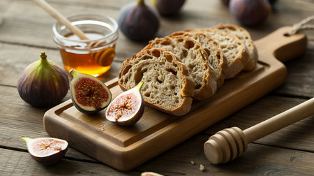 Bread with figs and honey on wooden table, closeupの写真素材