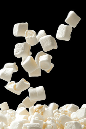 White marshmallows flying on a black background. Studio shot.の写真素材
