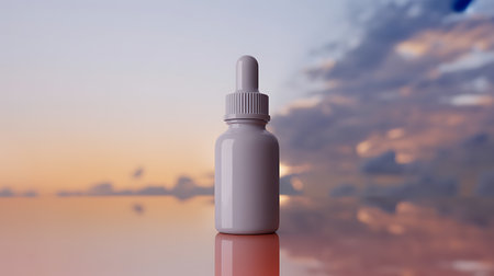 cosmetic bottle with dropper on sunset background. 3d renderの写真素材