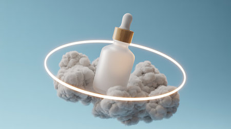 Cosmetic bottle with a dropper on the background of a cloud of smoke. 3D renderingの写真素材