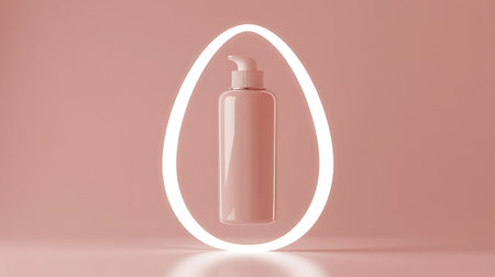 3d render of cosmetic bottle on pastel pink background with light circleの写真素材