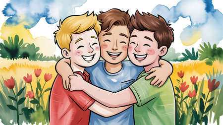Three boys hugging in the meadow. Colorful vector illustration.の写真素材