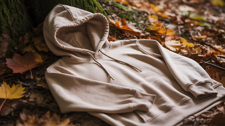 White sweatshirt with a hood lies on fallen leaves in the autumn forest.の写真素材