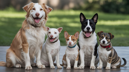 Portrait of a group of five dogs of different breeds sitting in the parkの写真素材