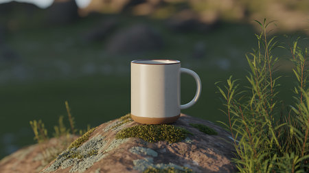 Mug of coffee on a rock in the mountains. 3d renderの写真素材