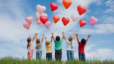 Group of children holding balloons in the shape of heart against blue skyの写真素材
