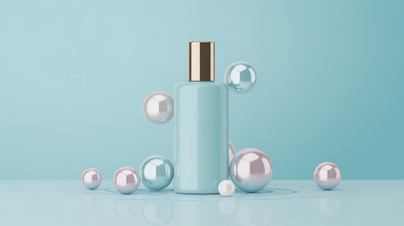 3d render of cosmetic bottle with bubbles on pastel background.の写真素材