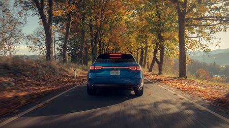 car on the road with autumn leaves in the background. rear viewの写真素材