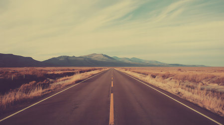 Vintage retro hipster style travel image of road in the mountainsの写真素材