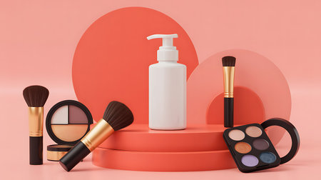 Cosmetics and makeup products on podium, 3d rendering. Computer digital drawing.の写真素材