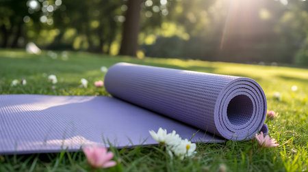 Yoga mat on green grass in the park. Healthy lifestyle conceptの写真素材