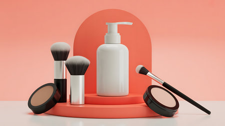 Cosmetic products on podium. 3d rendering. Mockup.の写真素材