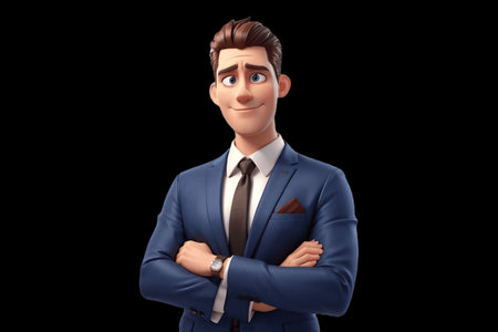 3d illustration of a young businessman standing with crossed arms on black backgroundの写真素材