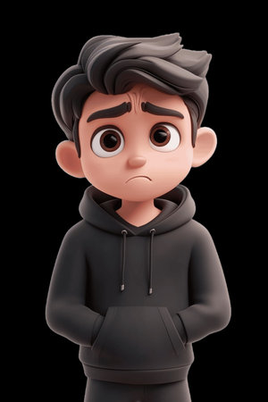 3d illustration of a man wearing a hoodie with a sad expressionの写真素材
