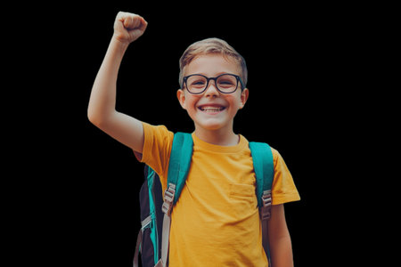 Portrait of happy boy with backpack raising his fist on black backgroundの写真素材