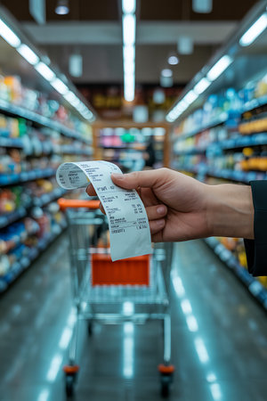 Shopping cart with receipt in supermarket. Shallow depth of fieldの写真素材
