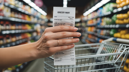 Close-up of female hand holding paper receipt in shopping cart in supermarketの写真素材