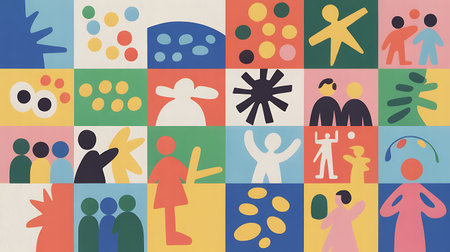 Cute seamless pattern with people silhouettes. Colorful vector illustration.の写真素材