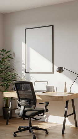 Interior of modern office with white walls, wooden floor, white computer table and vertical mock up poster frame. 3d renderingの写真素材