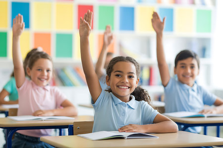 Portrait of happy schoolgirl raising hands in classroom at elementary schoolの写真素材
