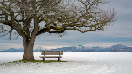 Lonely bench on a frozen lake in winter with snowy mountains in the backgroundの写真素材