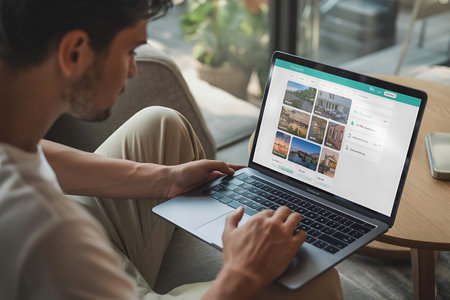 cropped shot of man using laptop with travel agency website on screenの写真素材