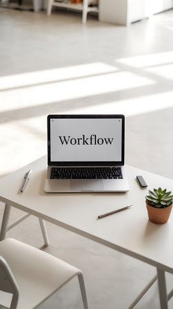 top view of modern workplace with laptop, notebook and stationery on tableの写真素材