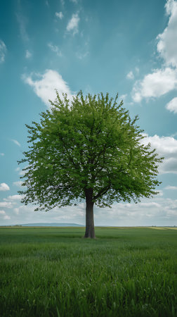 Lonely tree on a green field with blue sky and cloudsの写真素材