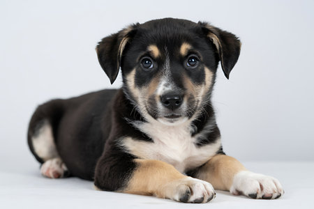 Cute mixed breed puppy lying on white background. Studio shot.の写真素材