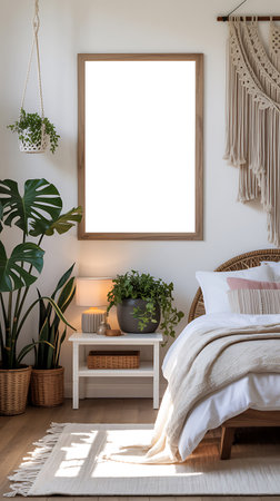 Mock up poster frame in bedroom interior background, 3d renderの写真素材