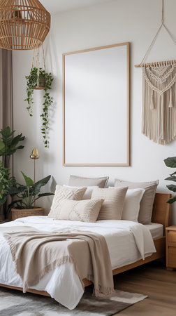 Modern bedroom interior with mock up poster frame, 3d render illustrationの写真素材