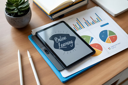 Online education concept on the screen of a digital tablet. Screen graphics are made up.の写真素材