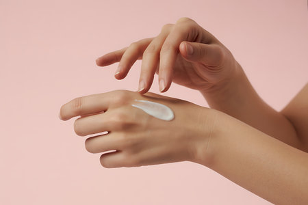 Woman applying moisturizing cream on her hands on pink background, closeupの写真素材