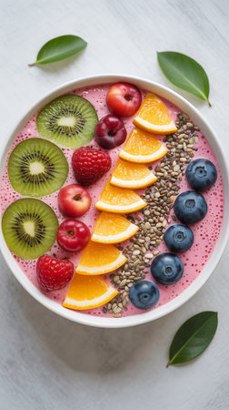 Healthy berry smoothie bowl with chia seeds, kiwi, orange, strawberry and blueberryの写真素材
