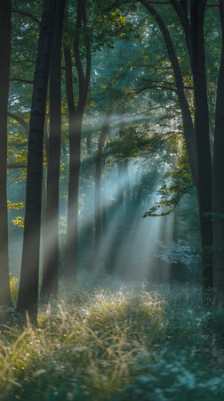 Misty morning in the forest with sunbeams passing through the treesの写真素材