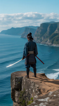Man with katana sword standing on a cliff and watching the seaの写真素材