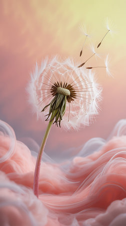 Dandelion seeds blowing in the wind. 3d illustration.の写真素材